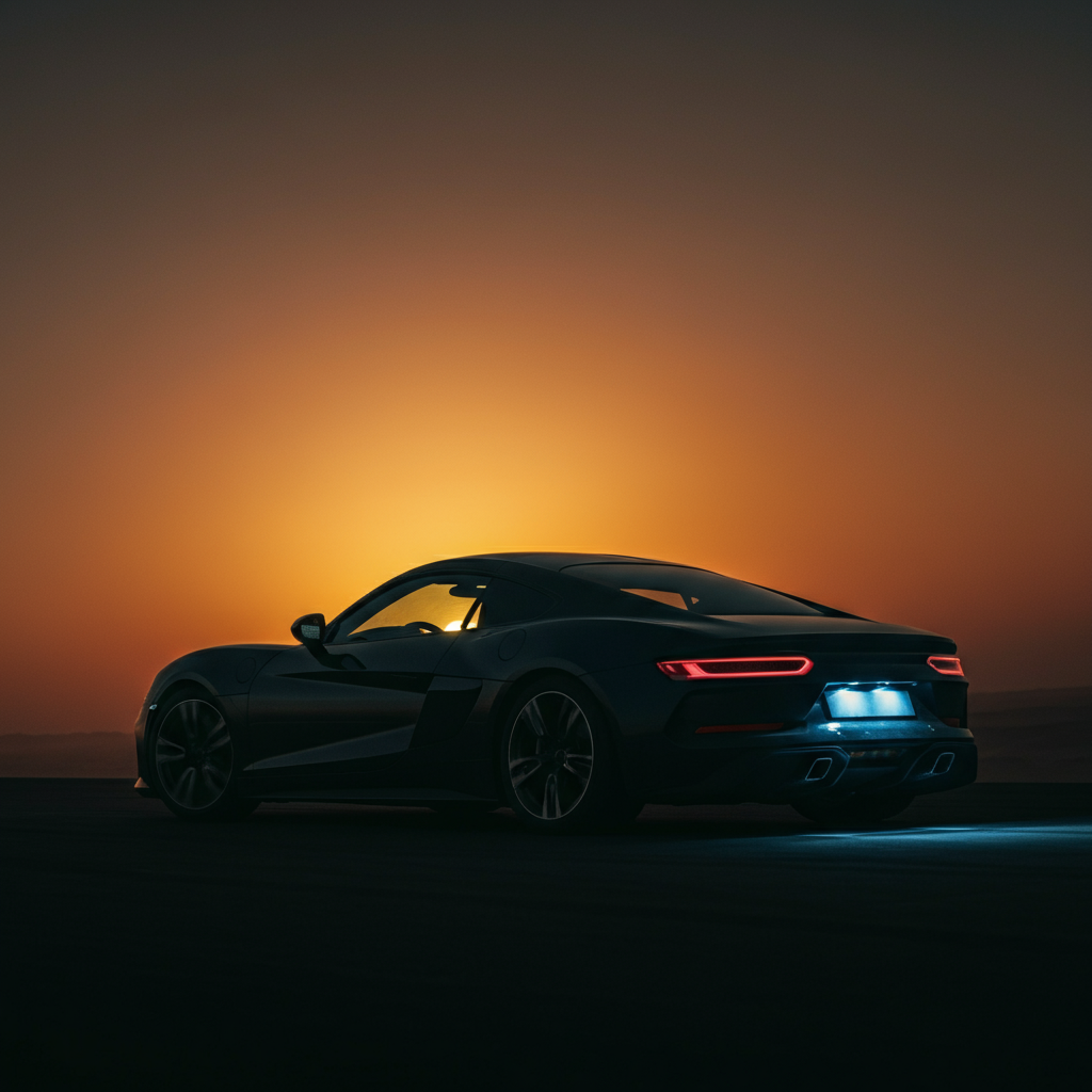Luxury sports car against sunset